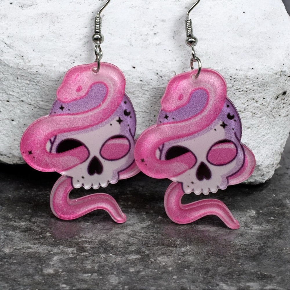 Pair Pink & Purple Skull & Snake Acrylic Dangle Earrings Morbid Horror Punk NWT